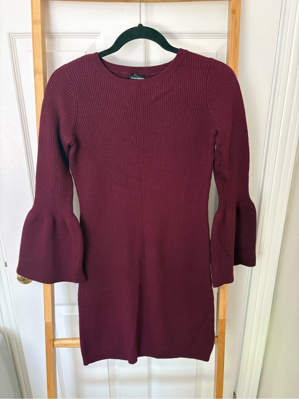 Club Monaco Burgundy Ribbed Bell-Sleeve Mini Dress